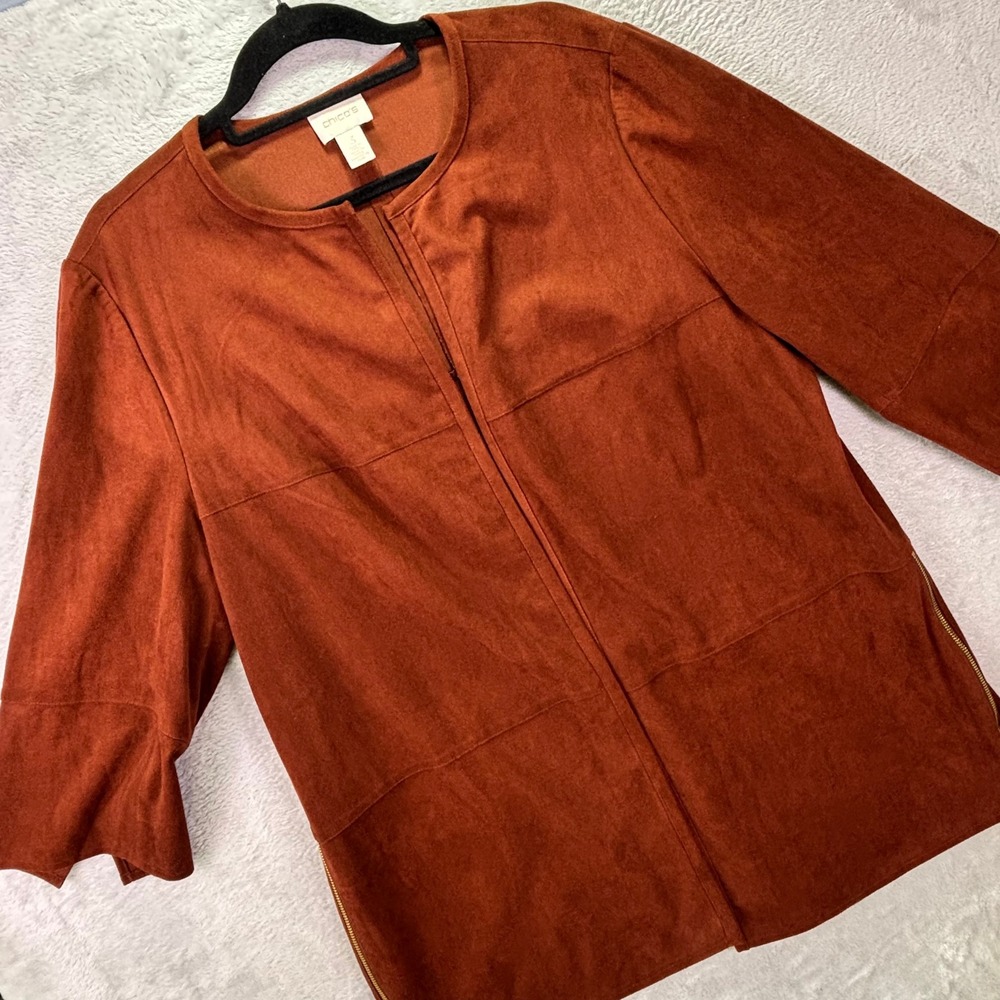 Chico's Women Jacket 3 Rust Faux Suede Open Front Side Zip 3/4 Sleeve